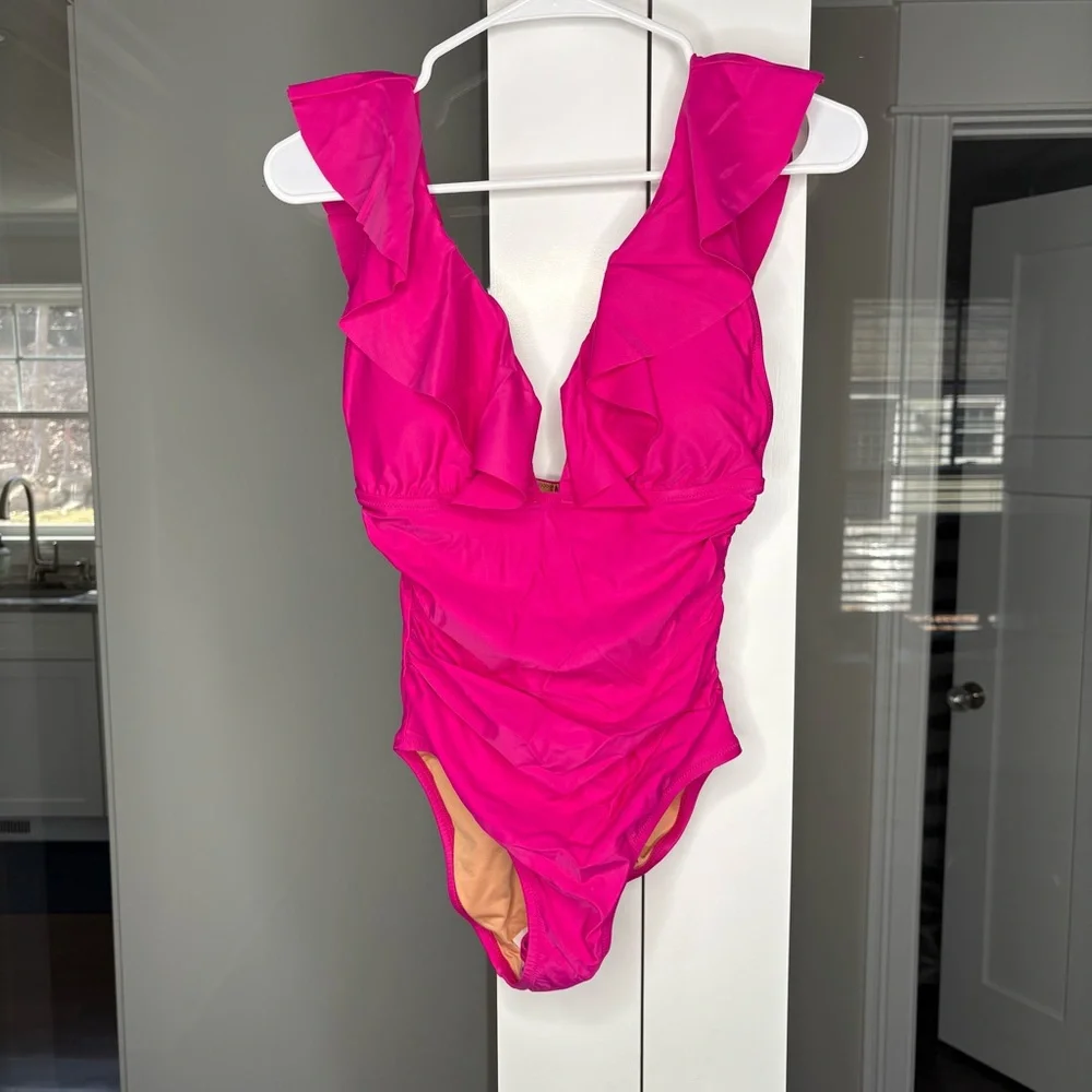 NWT J. Crew Ruched Ruffle One-piece Swimsuit Vibrant Pink Barbie